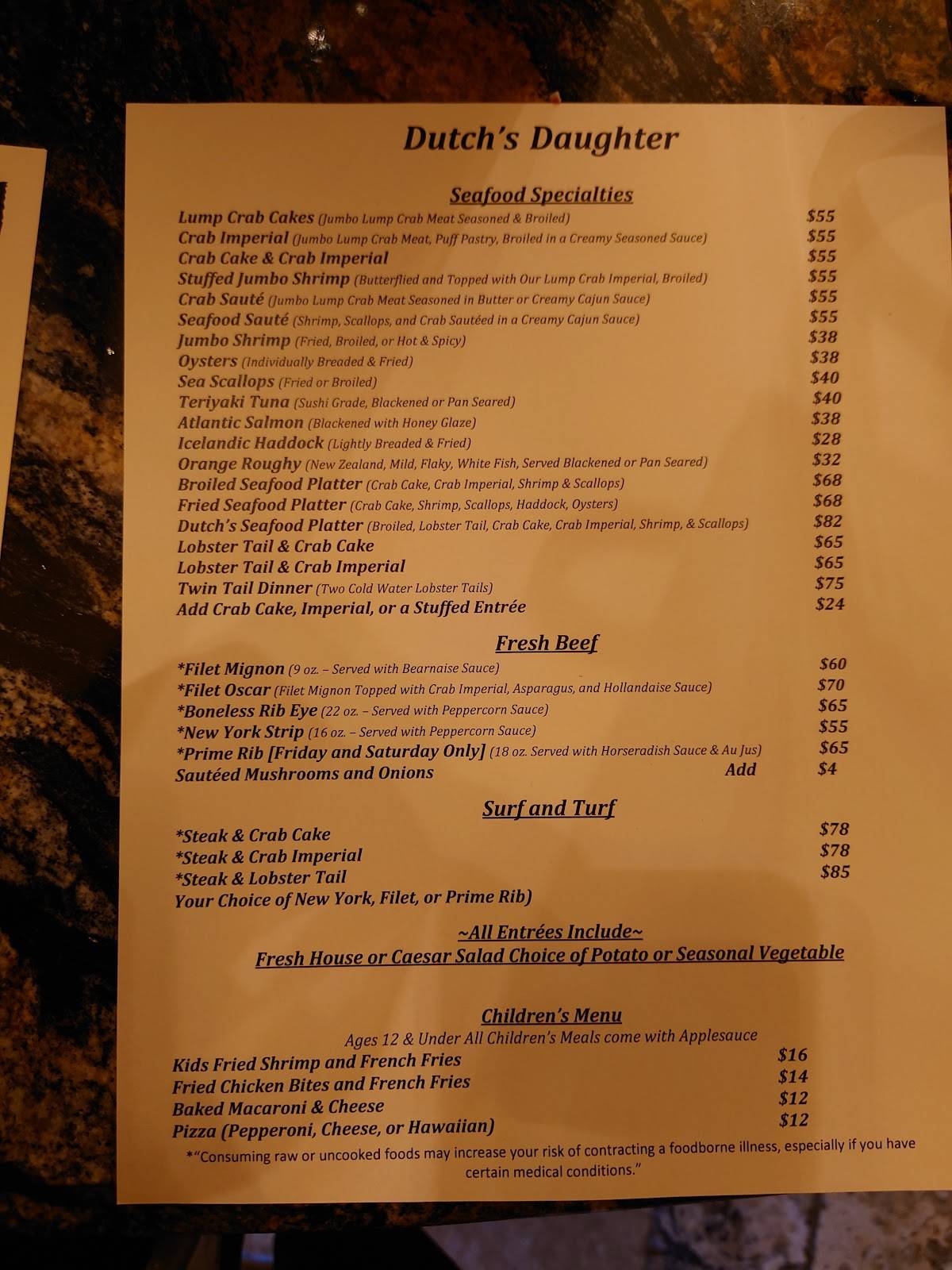 Menu at Dutch's Daughter steakhouse, Frederick, 581 Himes Ave