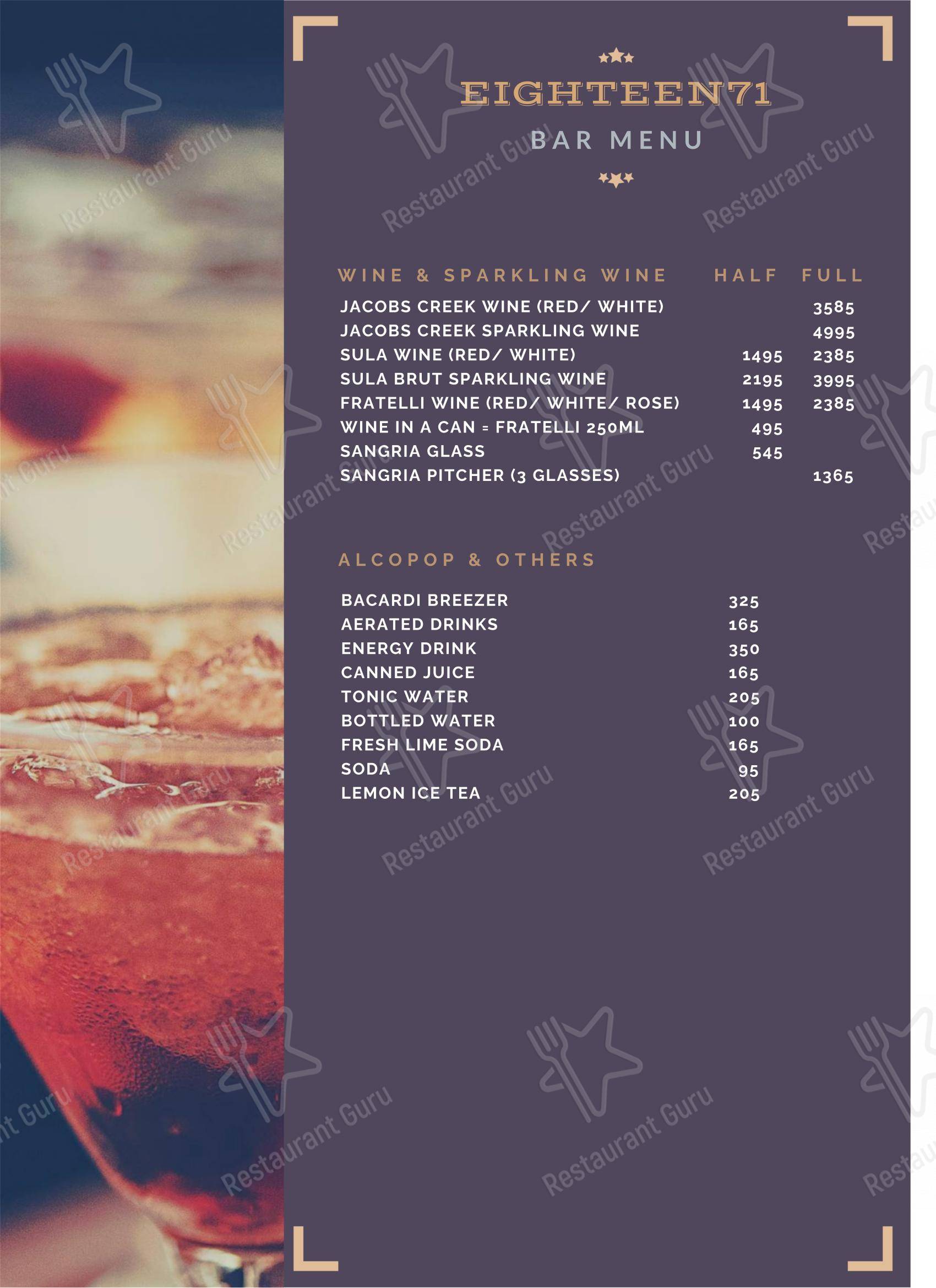 Menu for Eighteen71 Cookhouse & Bar (Indian & Oriental Fine Dining Restaurant in Shimla) in Shimla