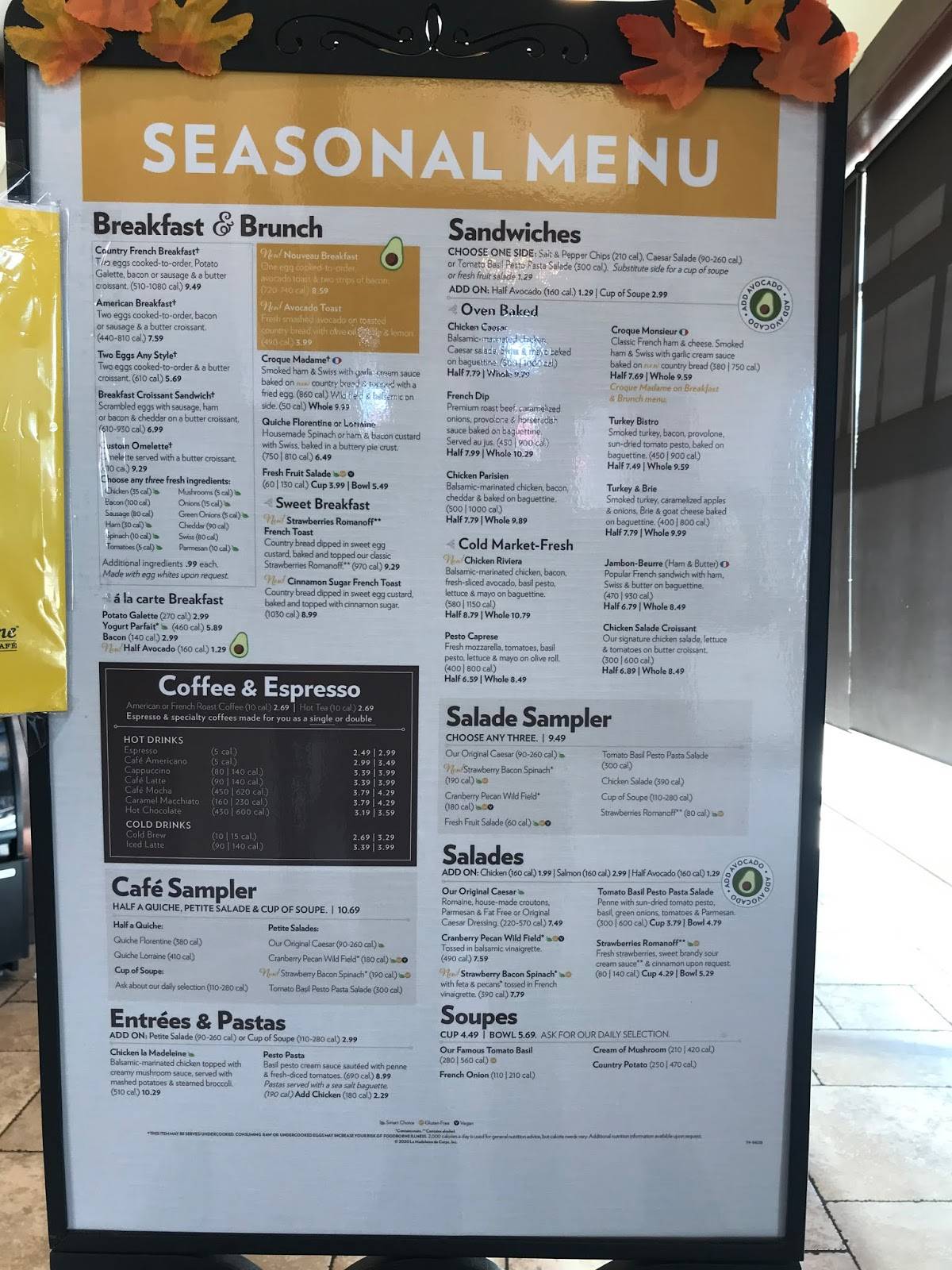 Menu at la Madeleine cafe, El Paso, N Mesa St