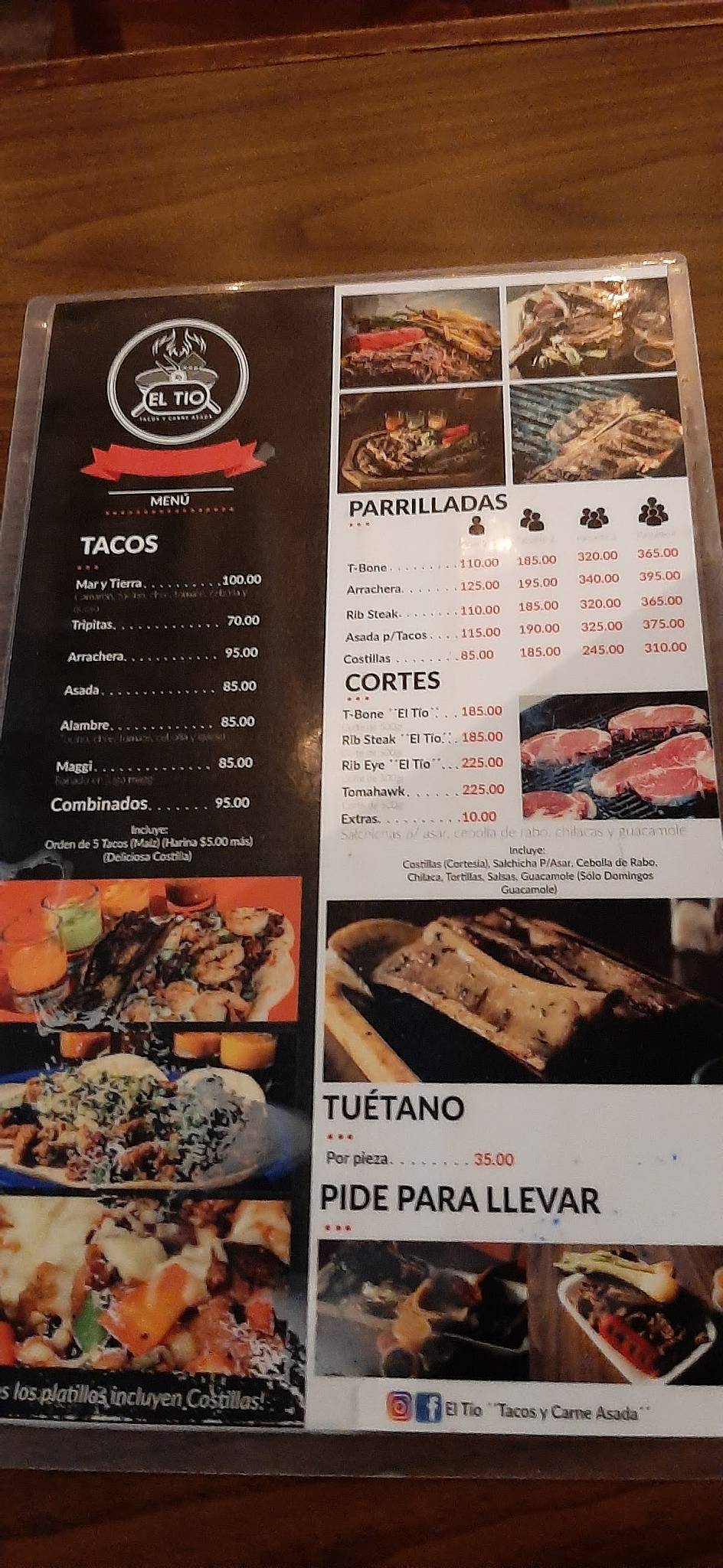 Carta del restaurante El "Tío" Tacos y carne asada, Chihuahua
