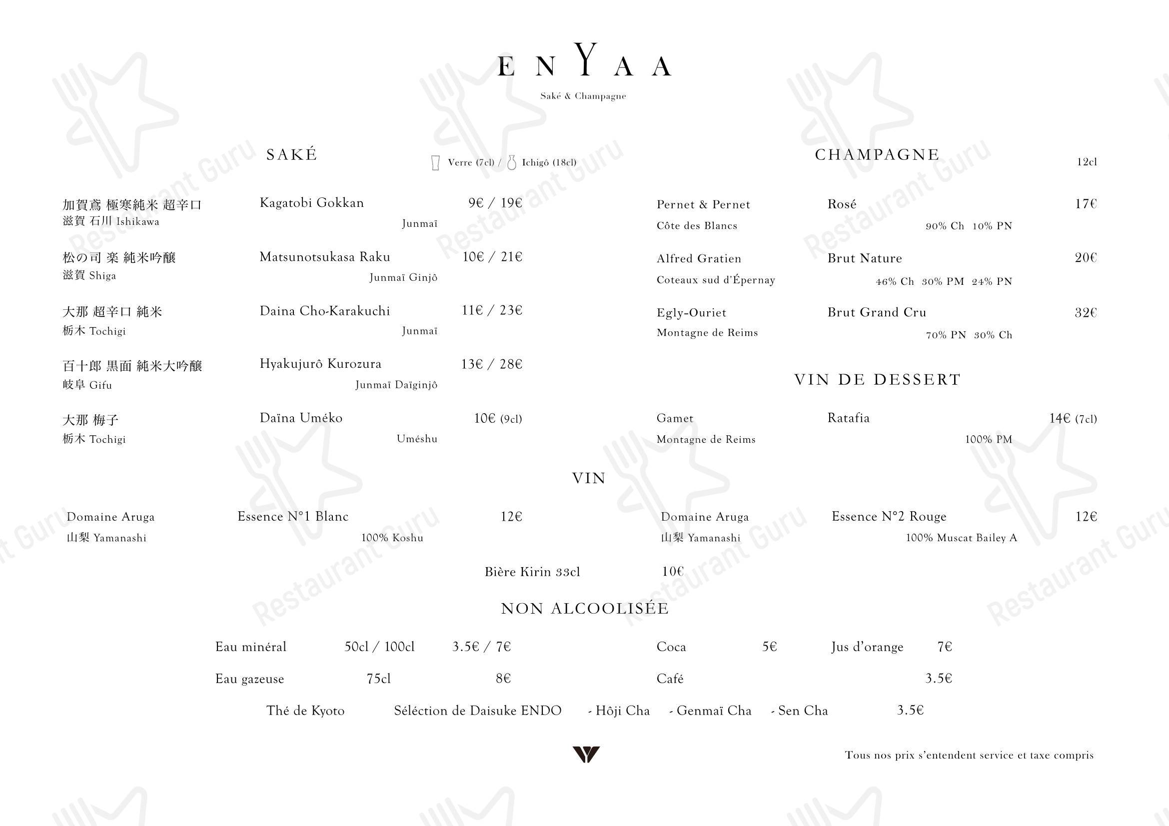 Menu pour EnYaa - Saké & Champagne - 菜单