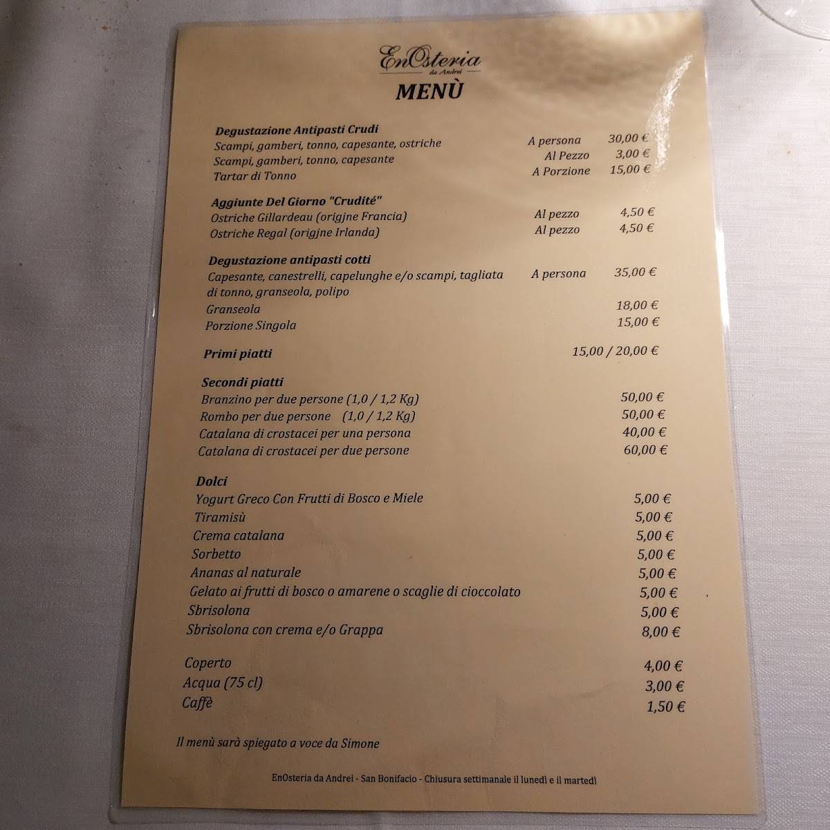 Menu di Enosteria Da Andrei Villa Gritti sec.XV S.Bonifacio 