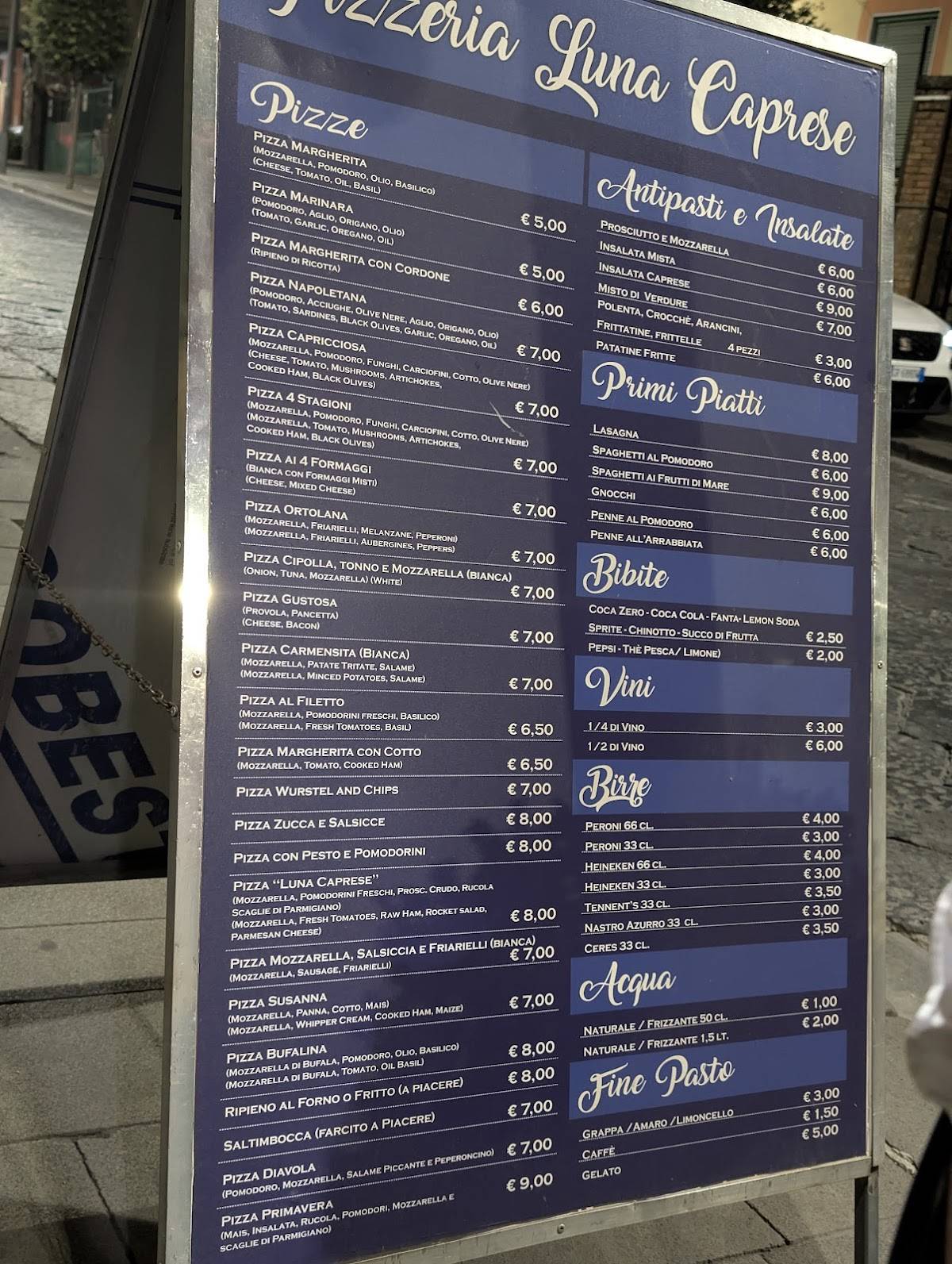 Menu di Pizzeria Luna Caprese 