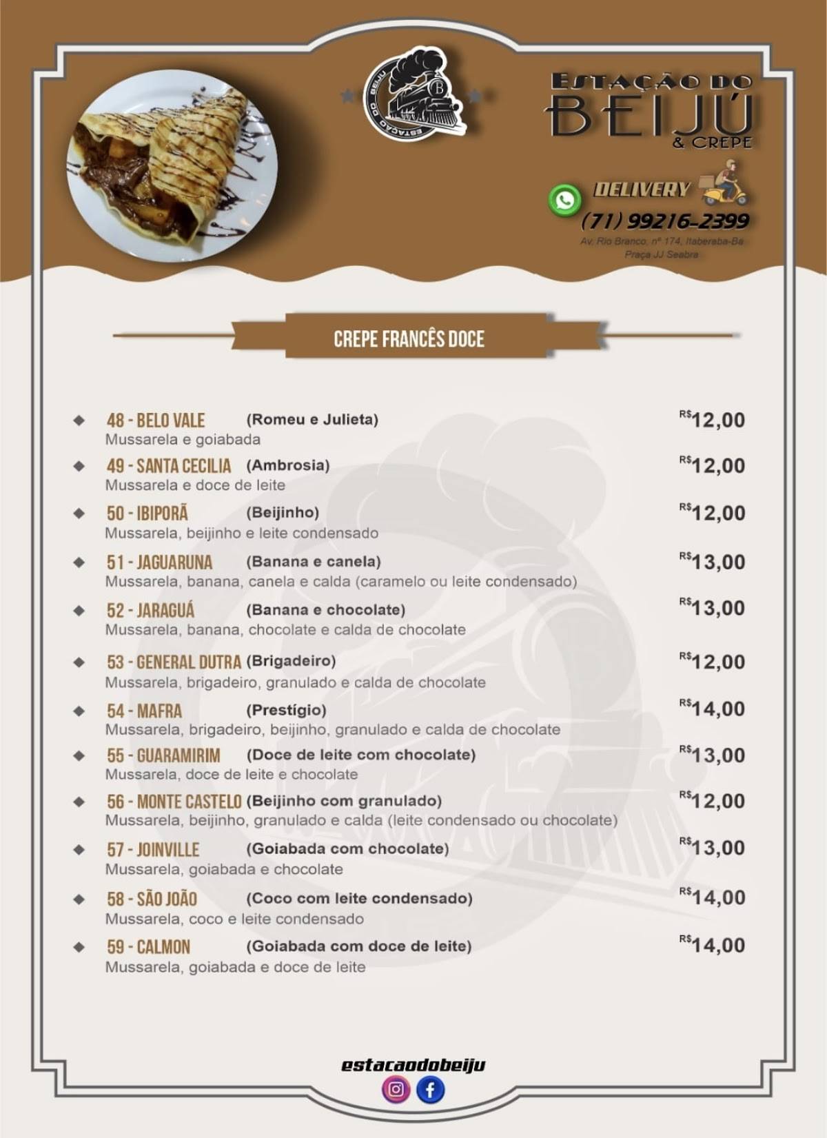 Estação do Beiju & Crepe. cardápio