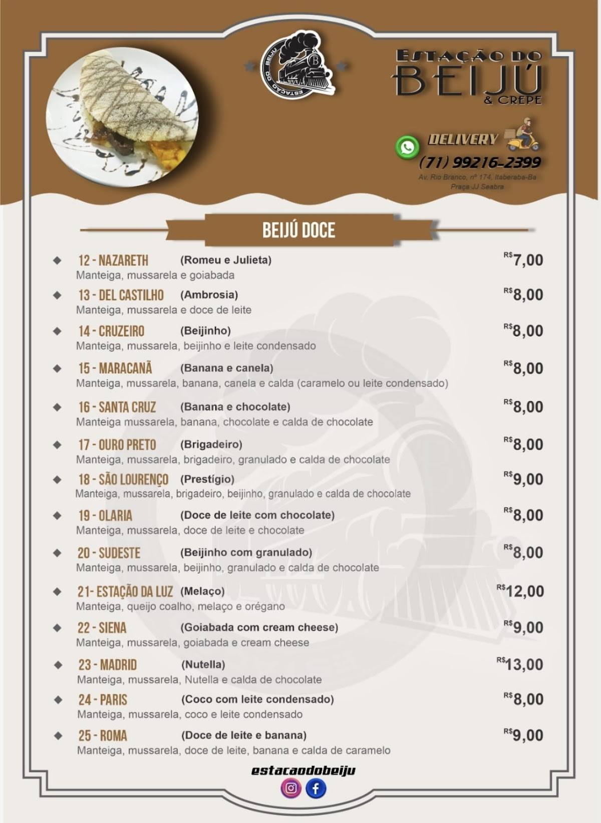 Estação do Beiju & Crepe. cardápio
