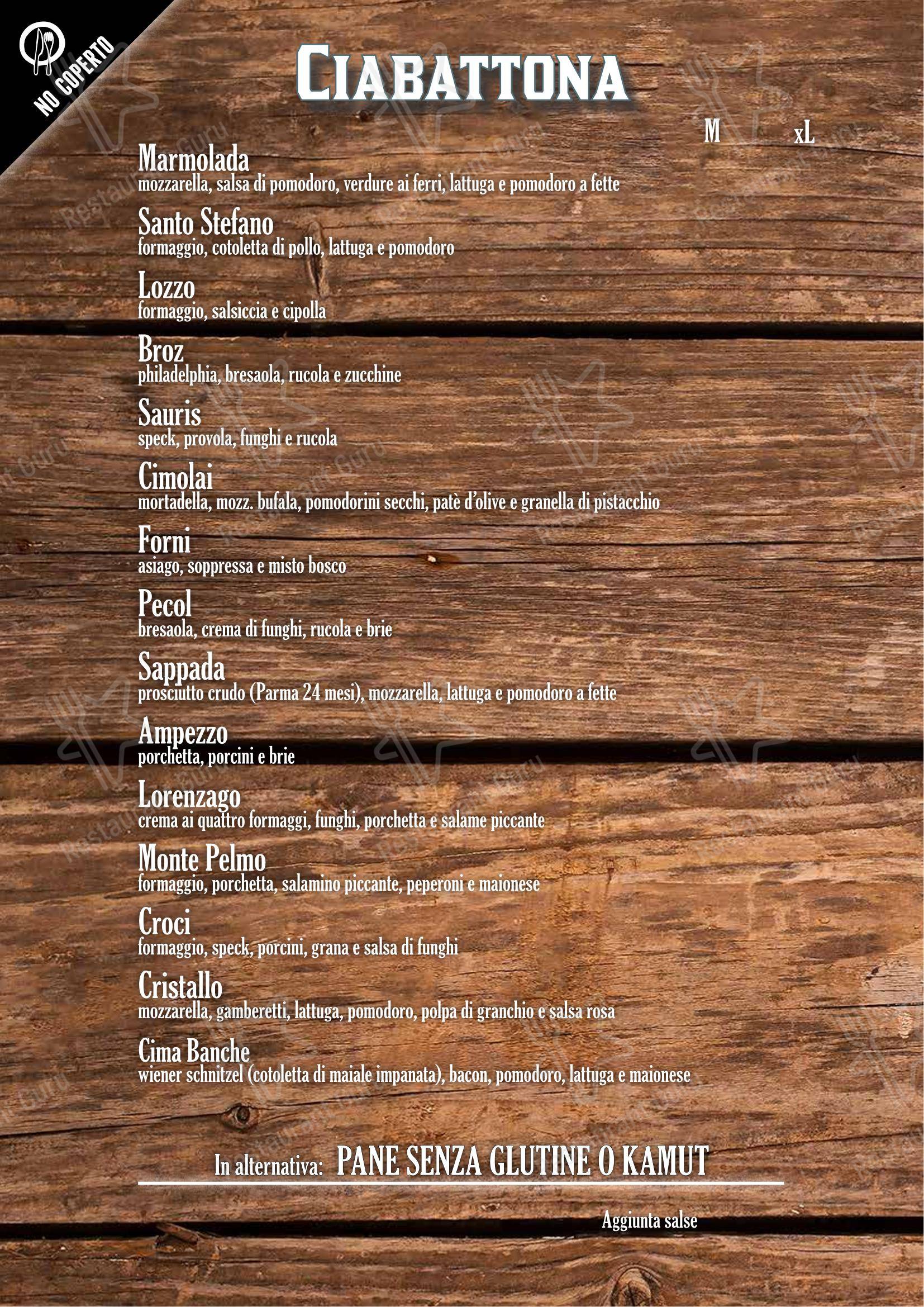 Menu di Fabbrica di Pedavena Mirano - Menu