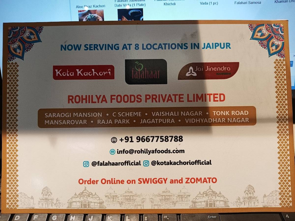 Falahaar and Kota Kachori menu