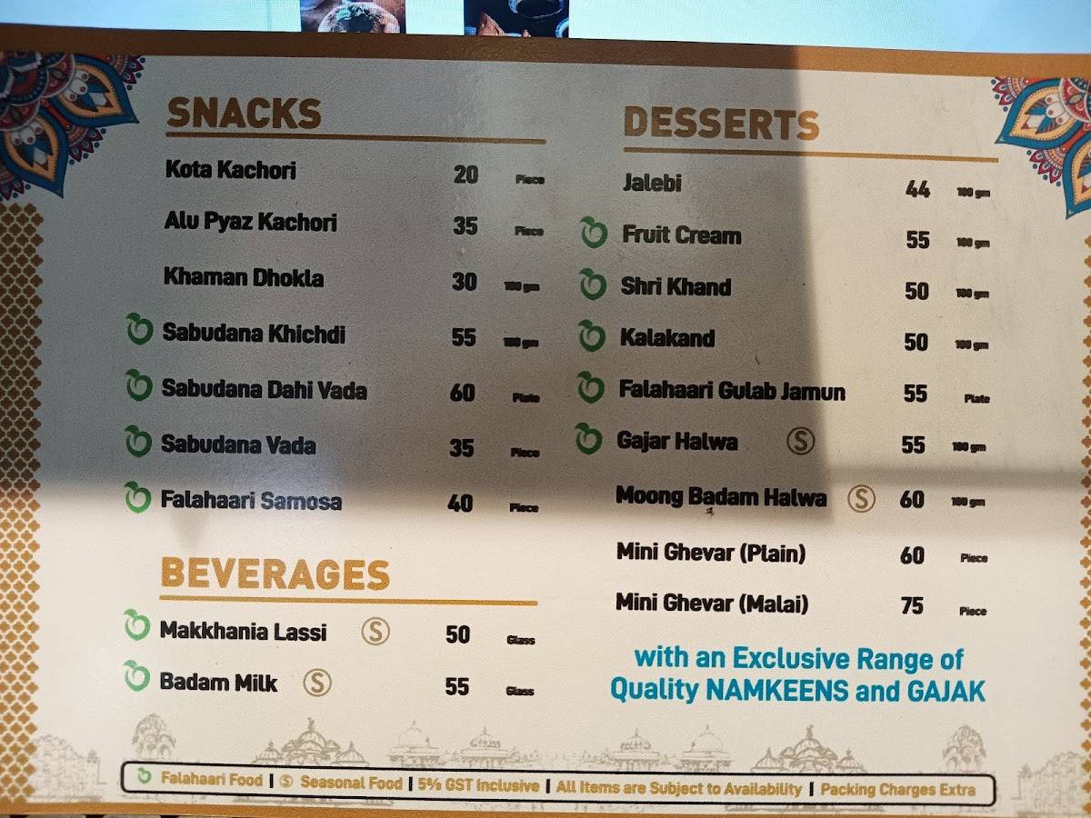 Falahaar and Kota Kachori menu