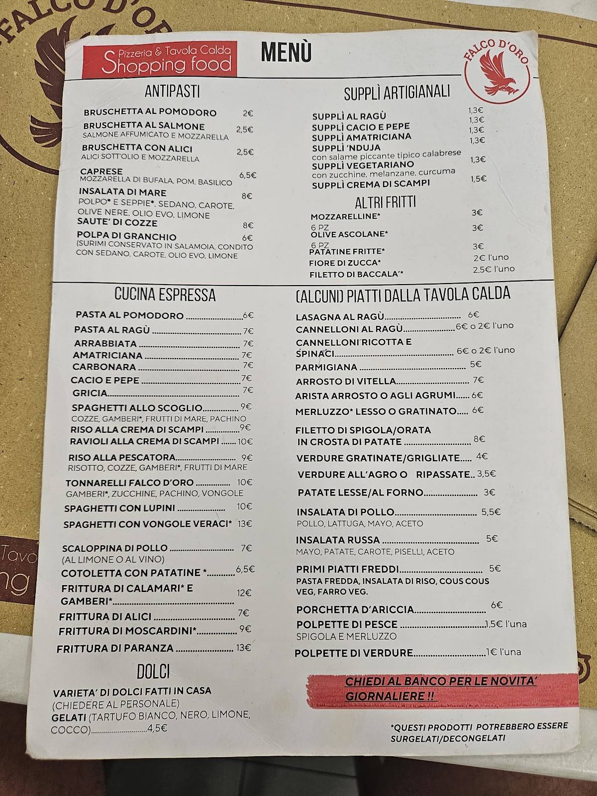 Menu di Falco D'Oro Roma 