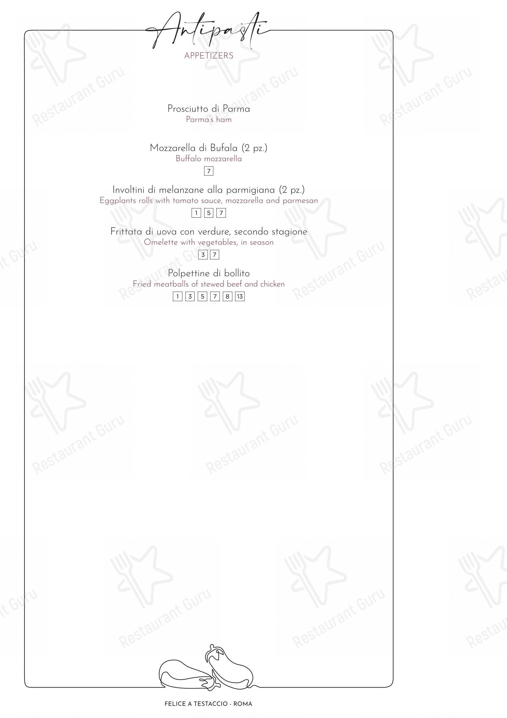 Menu per Felice a Testaccio ROMA in Roma