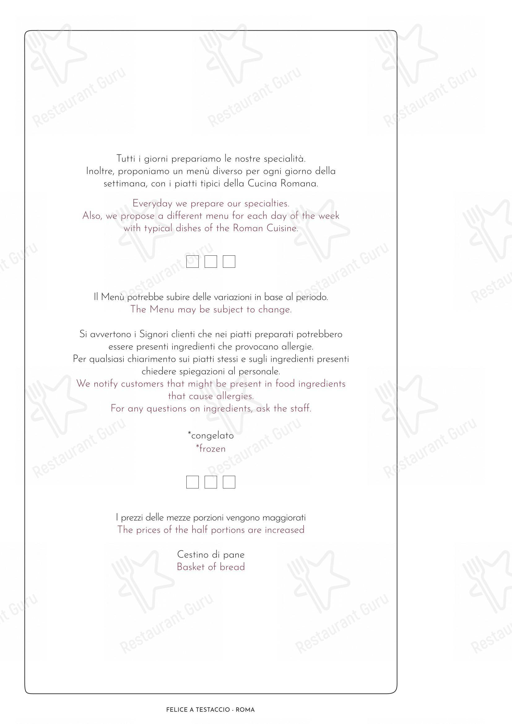 Menu per Felice a Testaccio ROMA ristorante con griglia