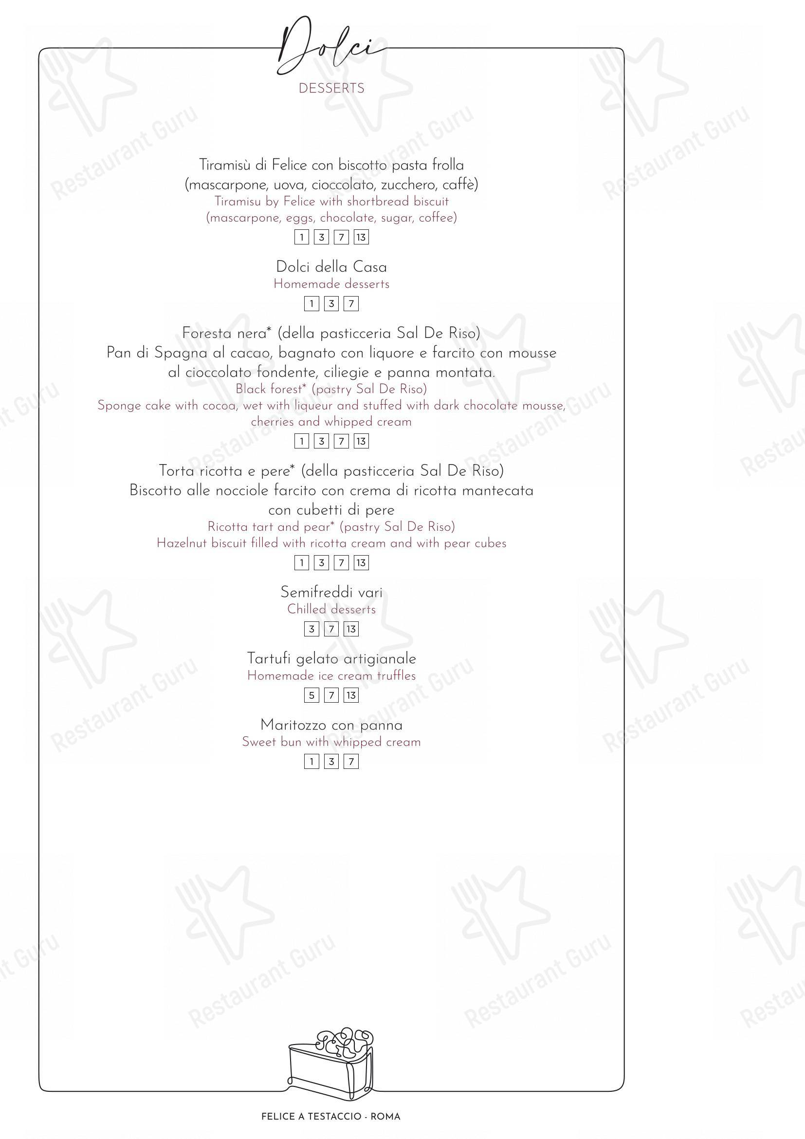 Menu per Felice a Testaccio ROMA in Roma