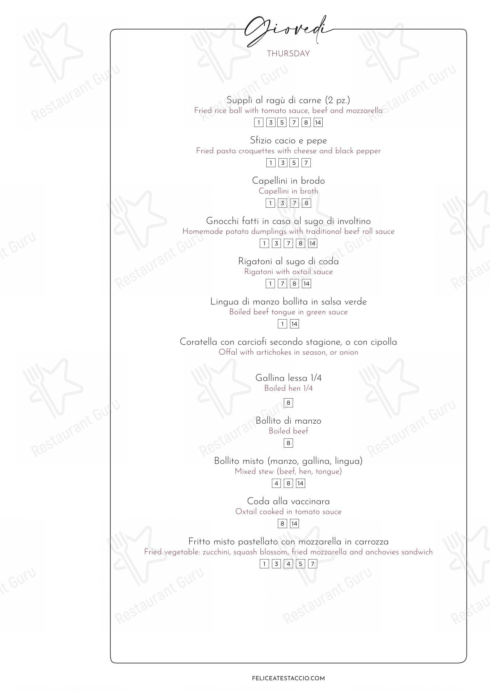 Menu per Felice a Testaccio ROMA in Roma