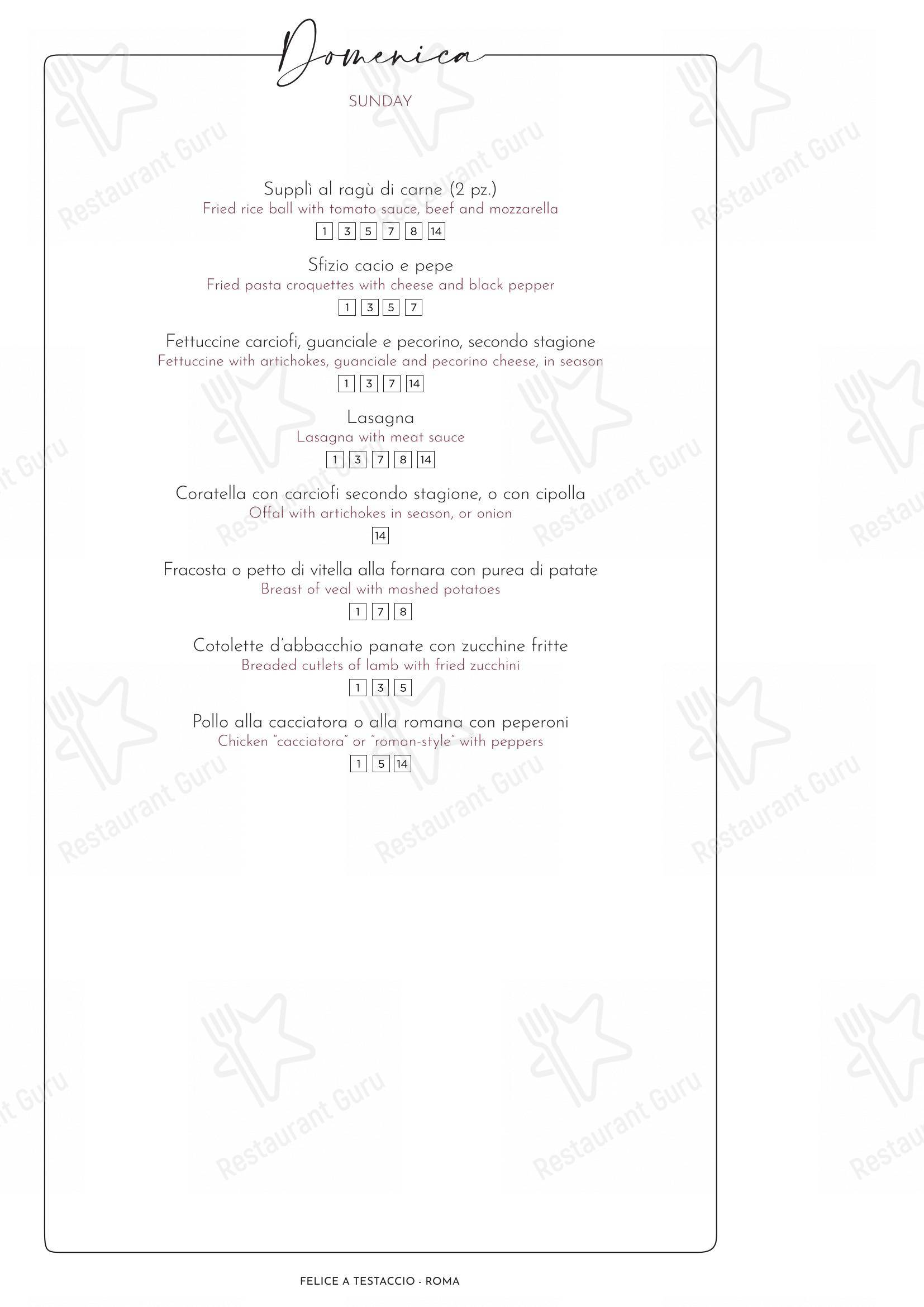Menu di Felice a Testaccio ROMA - Menu