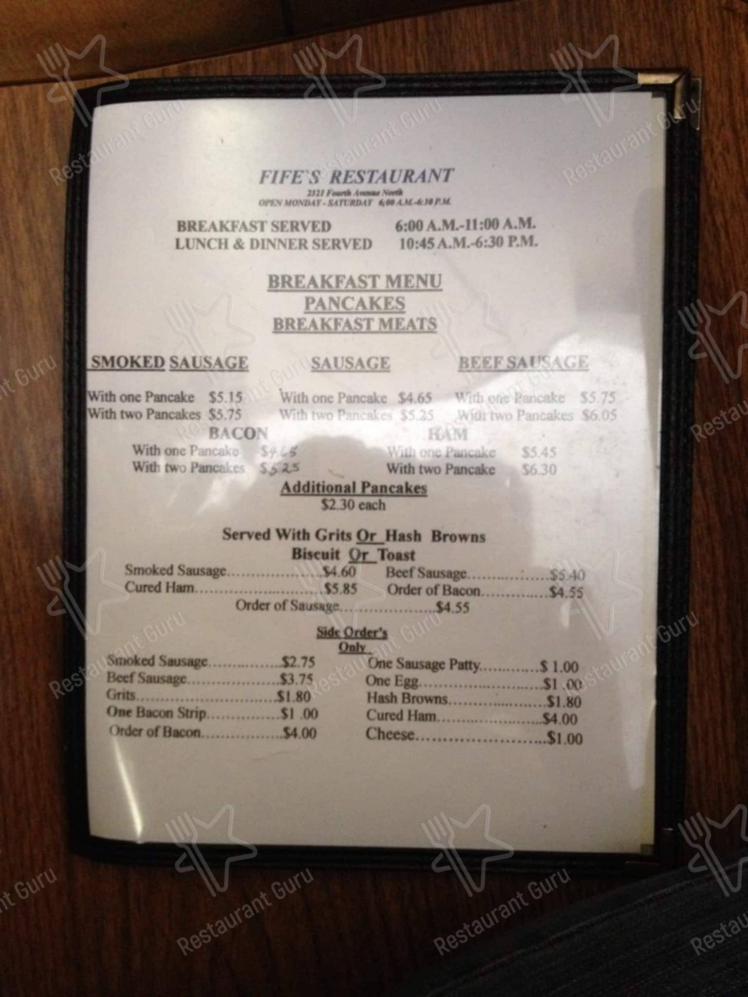 Menu at Fife’s Restaurant, Birmingham