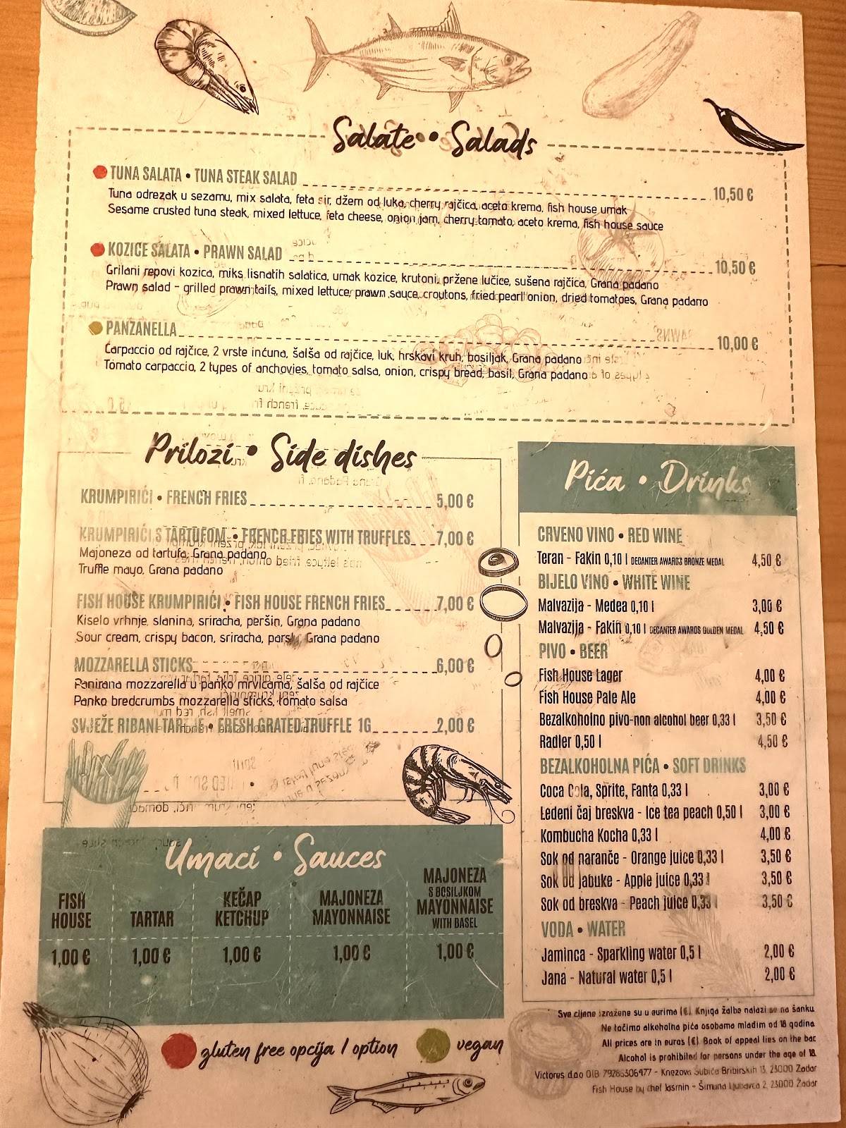 Menu di Fish House Zadar 