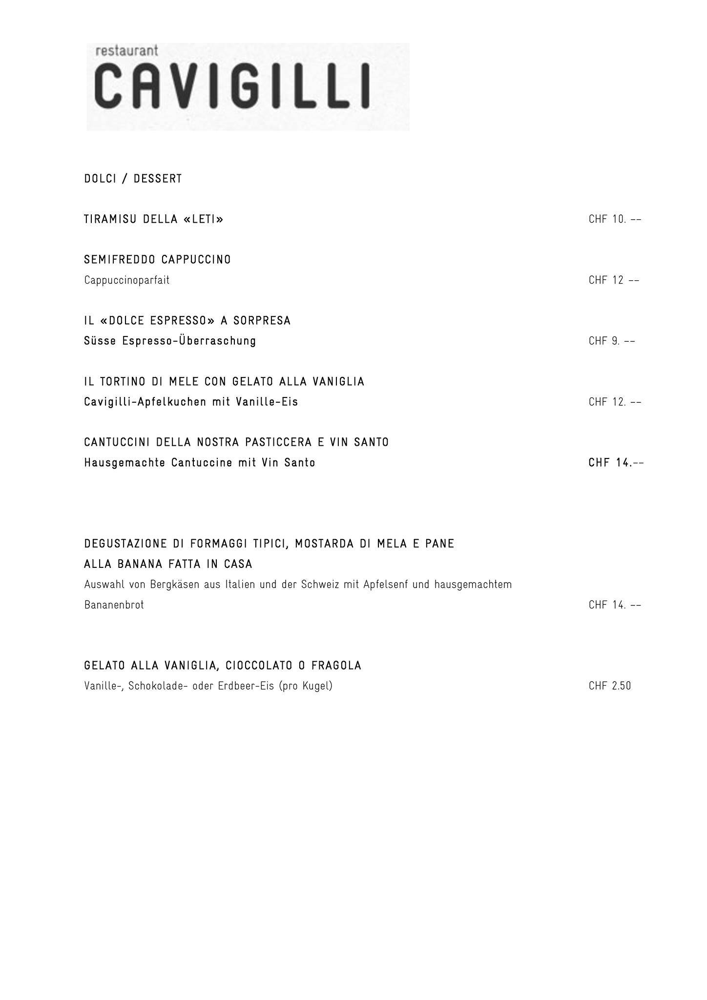 Menu di Restaurant Cavigilli 