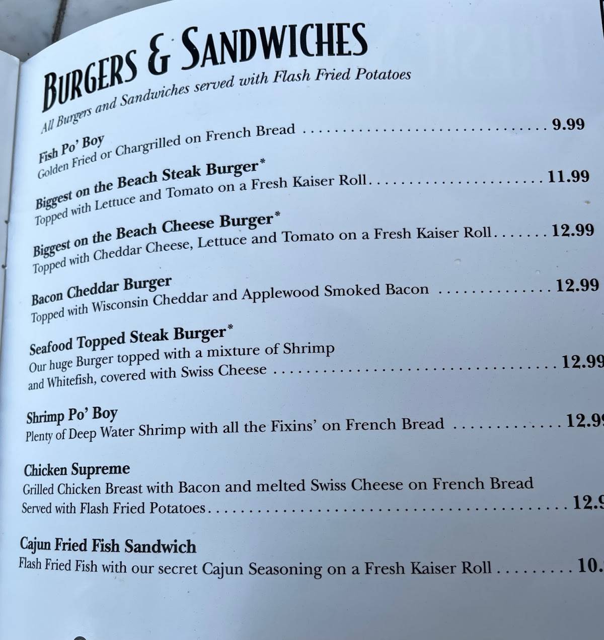 Menu at Flounder's Chowder House pub & bar, Pensacola Beach