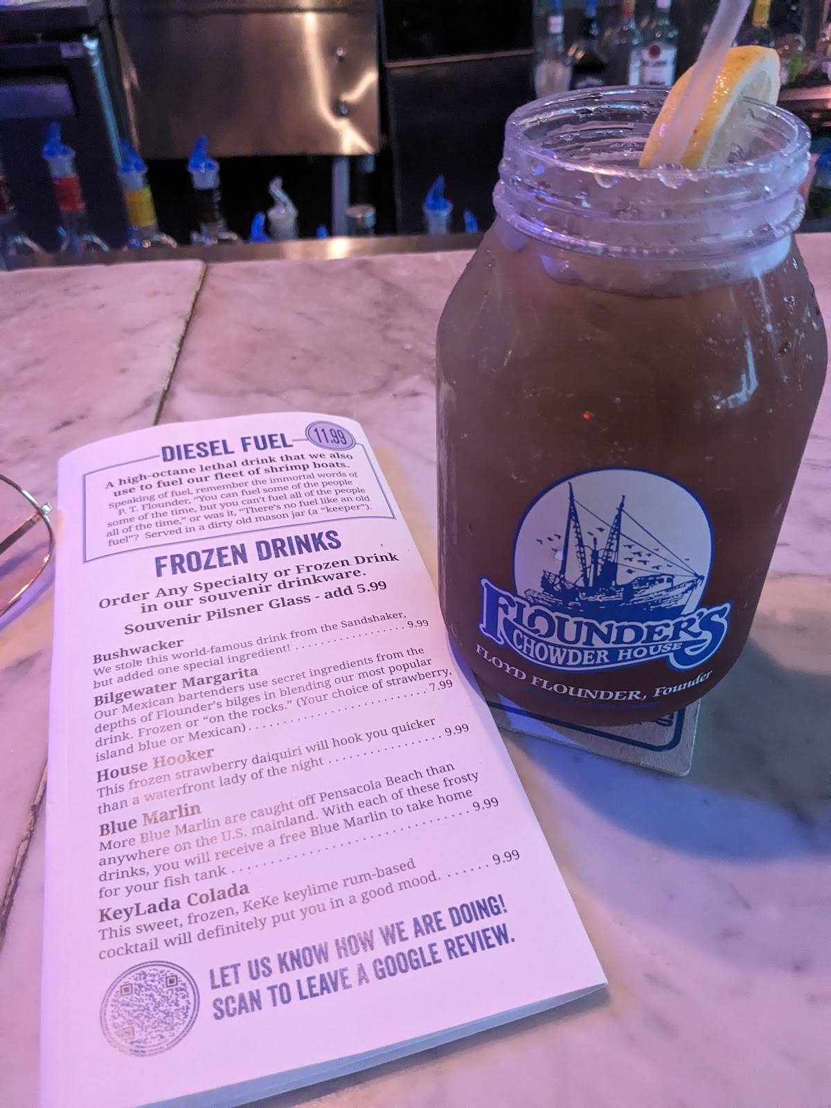 Menu at Flounder's Chowder House pub & bar, Pensacola Beach