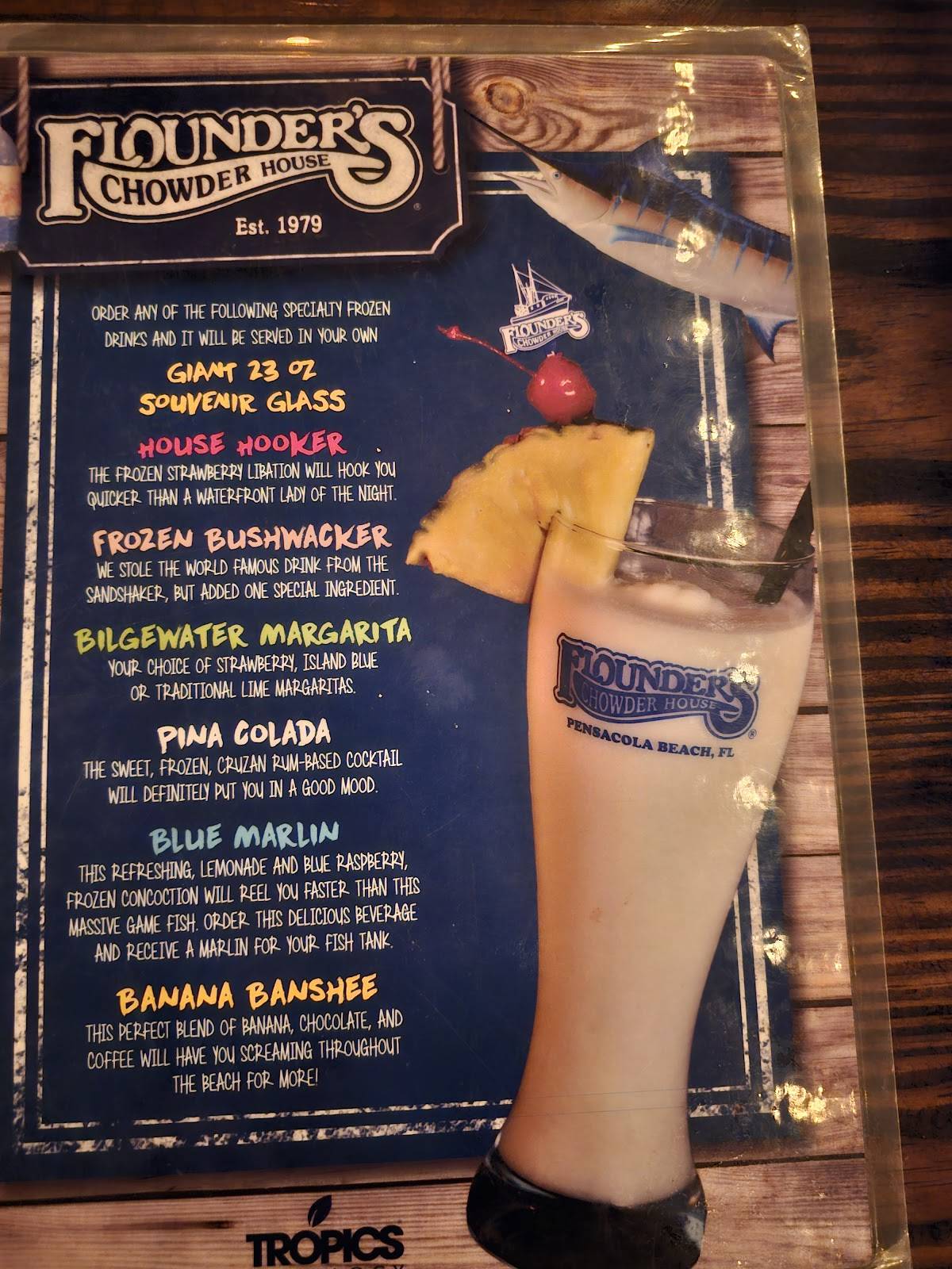 Menu at flounder s chowder house pub bar pensacola beach
