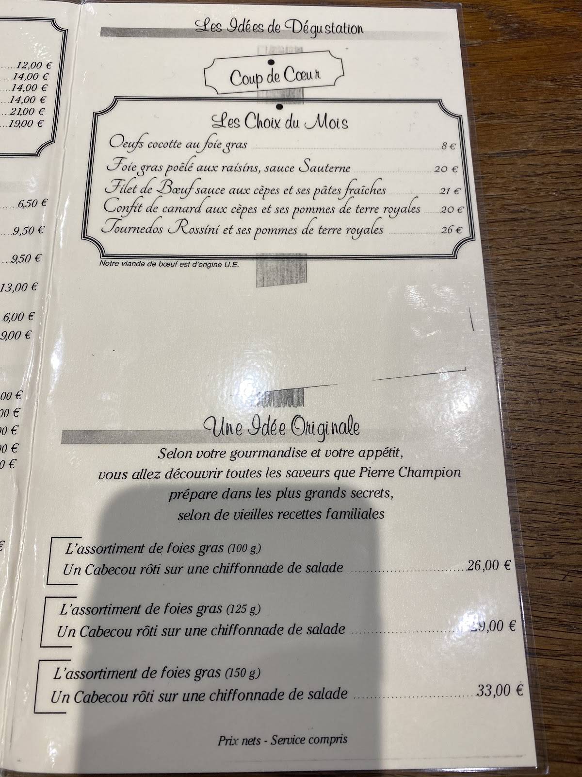 Menu de Pierre Champion