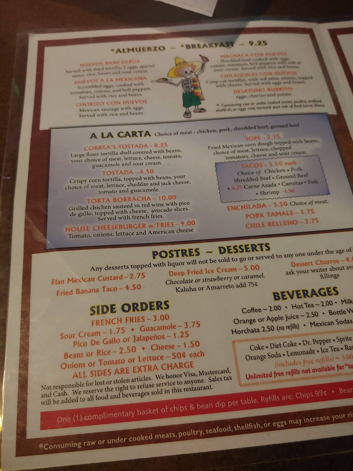 Menu at Correa's Mexican & Seafood Restaurant, Fort Mohave