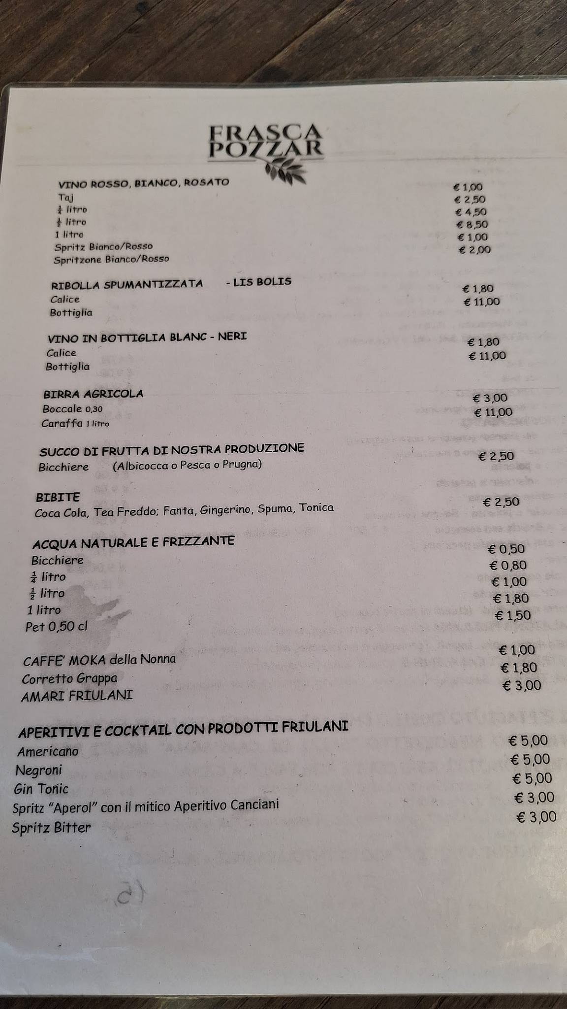 Menu di Frasca Pozzar 