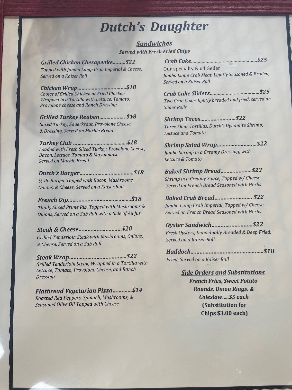 Menu at Dutch's Daughter steakhouse, Frederick, 581 Himes Ave