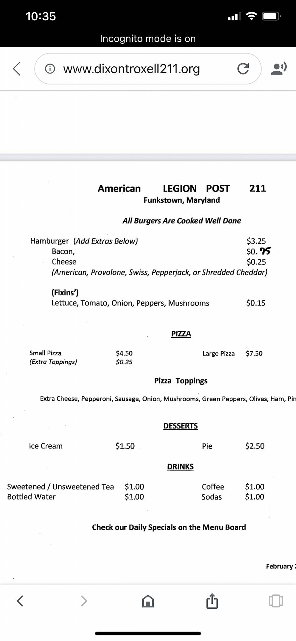 Menu at Funkstown American Legion Post 211, Funkstown