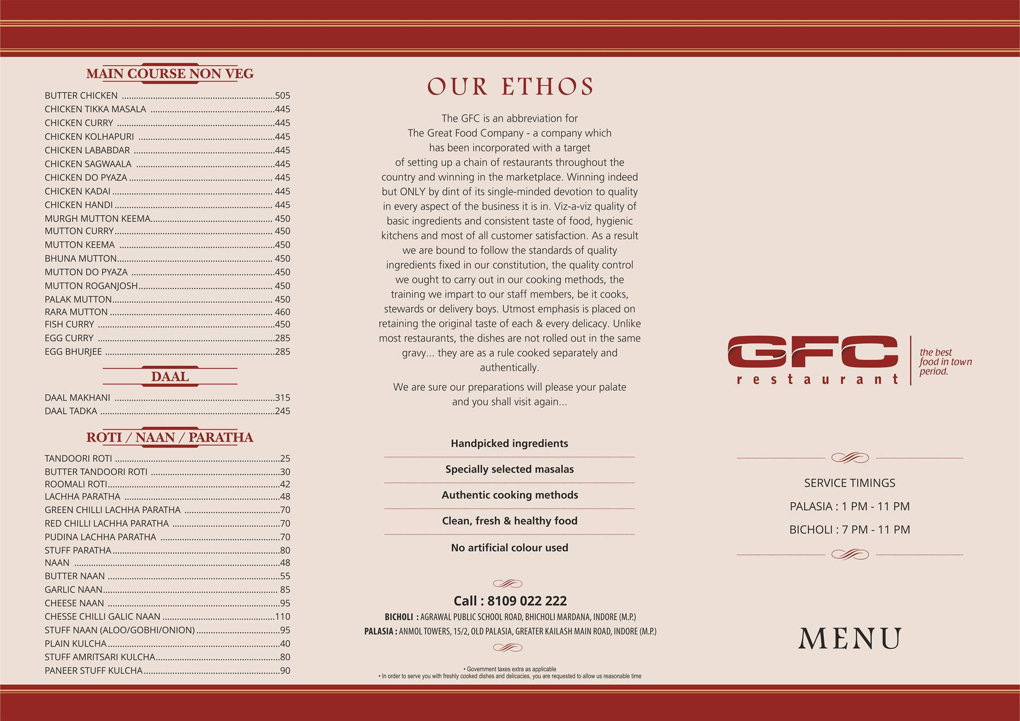 GFC Restaurant menu