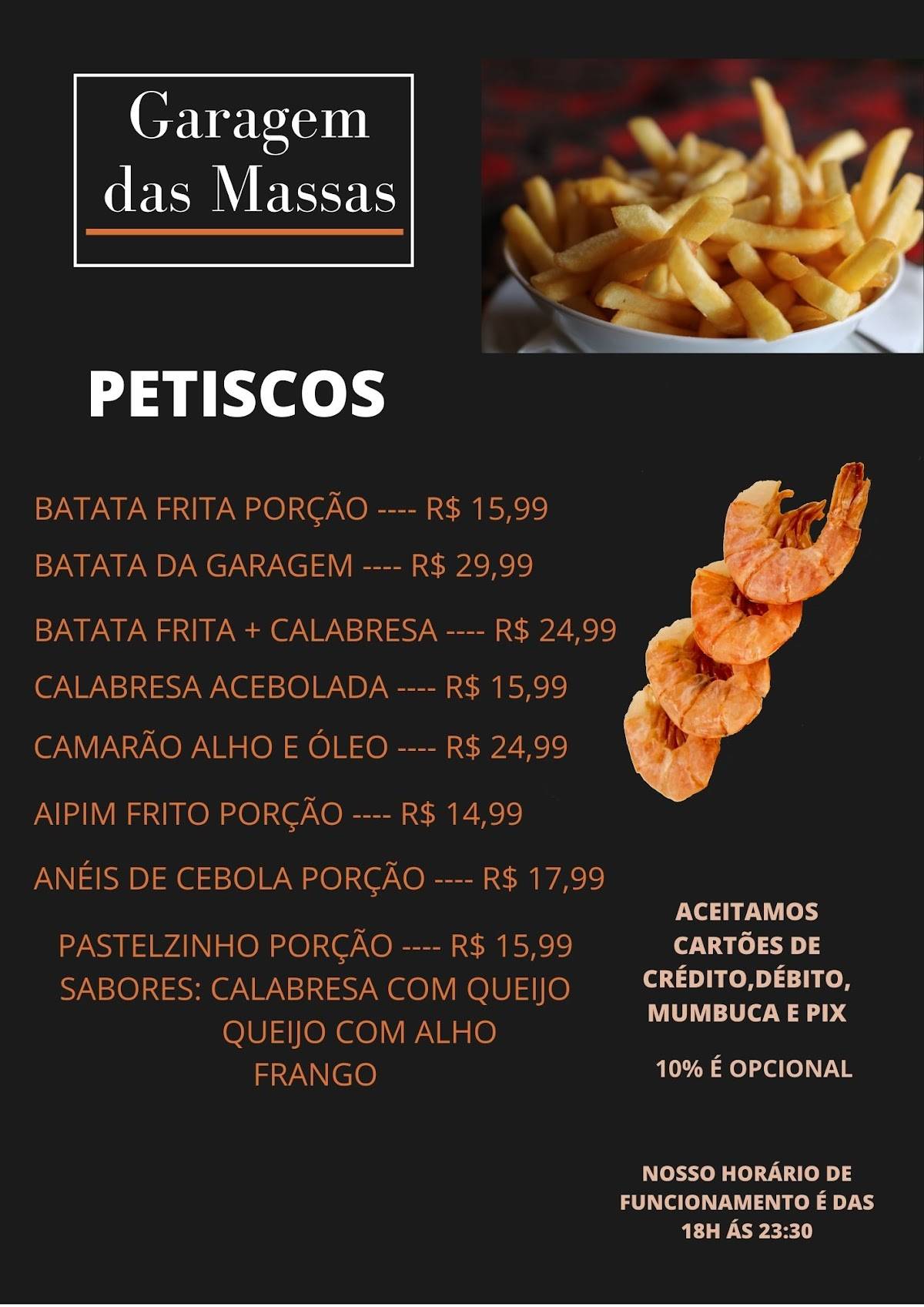 Garagem das Massas cardápio