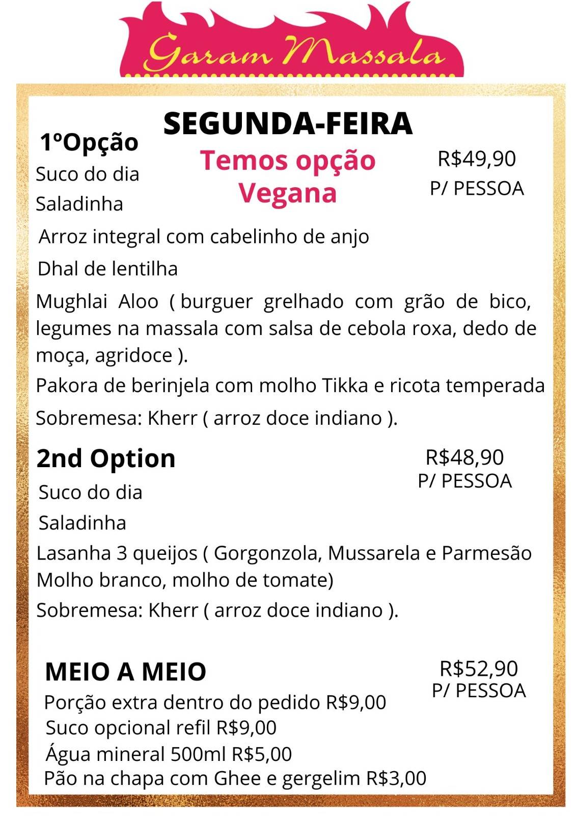 Garam Massala Restaurante Lacto Vegetariano cardápio