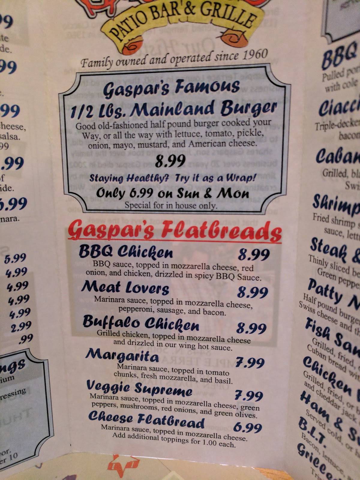 Menu at Gaspar's Patio Bar & Grille, Temple Terrace