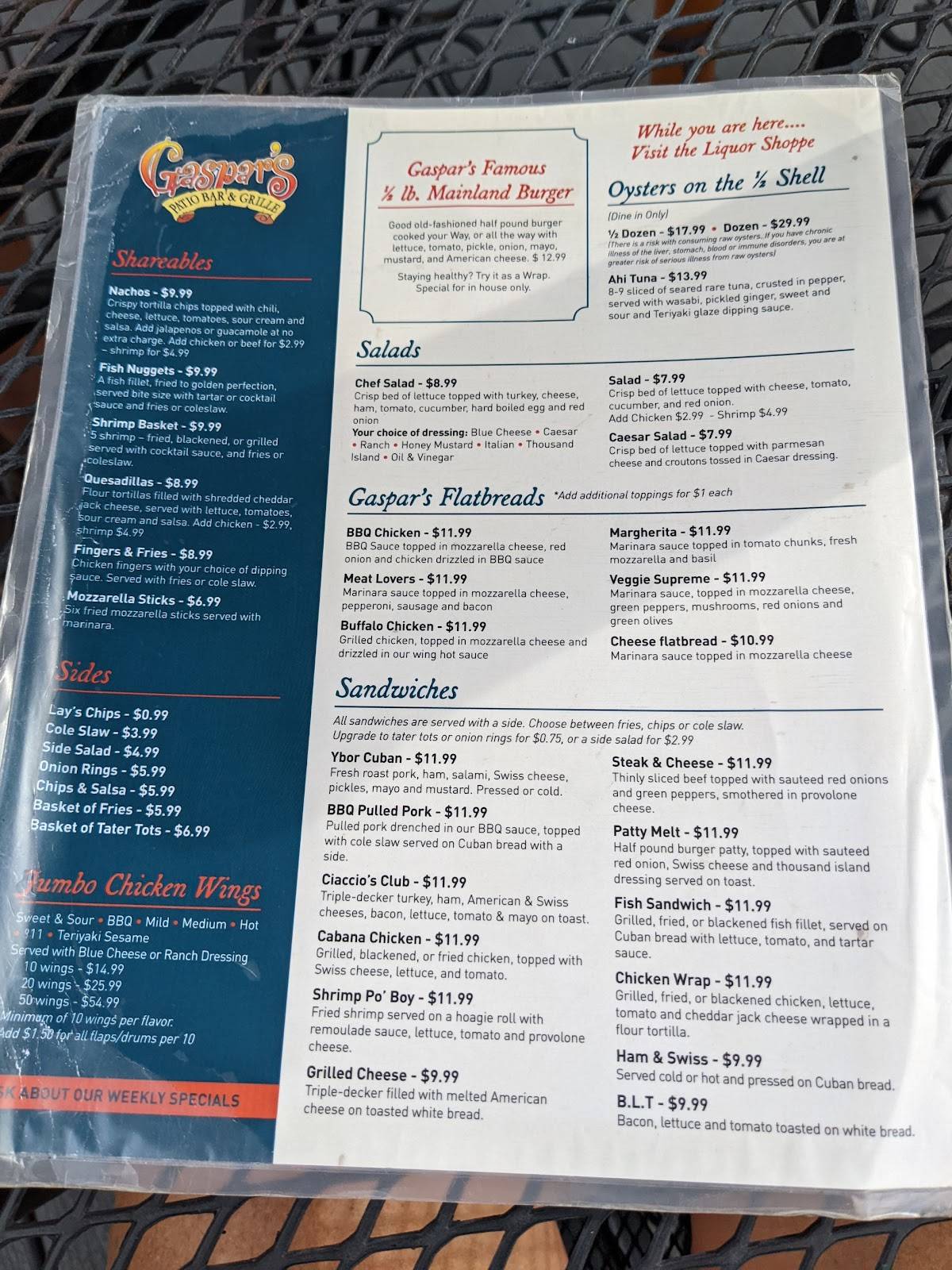 Menu at Gaspar's Patio Bar & Grille, Temple Terrace