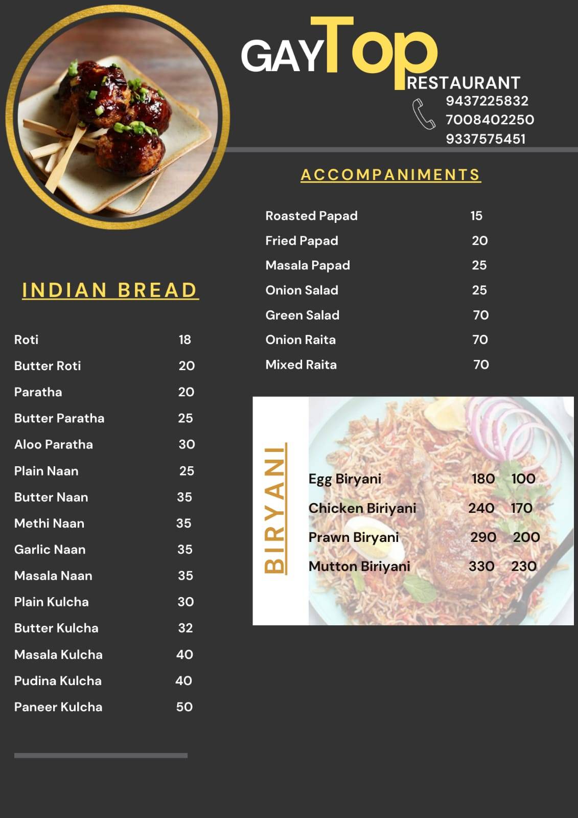 Gay-top Restaurant menu