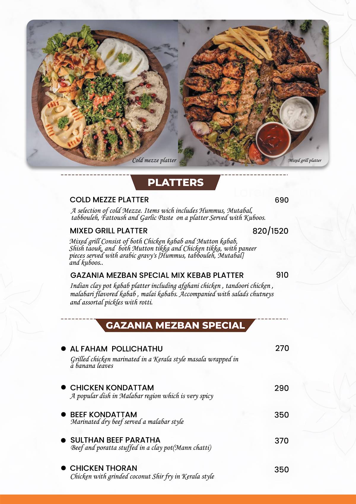 Gazania Mezban Restaurant menu