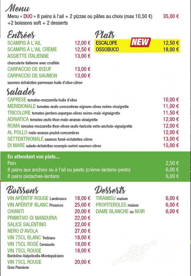 Menu de Pizzeria Roma Gembloux
