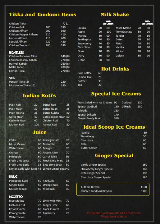 Ginger House family Restaurant Krishnapura menu