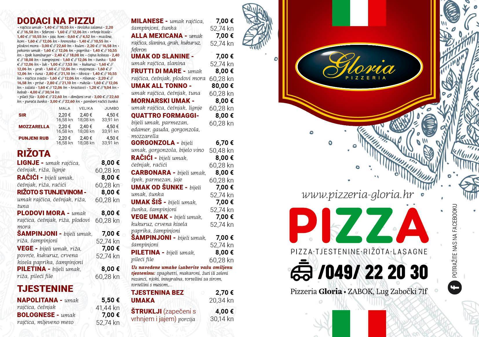 Menu at Pizzeria Gloria Zabok, Lug Zabočki