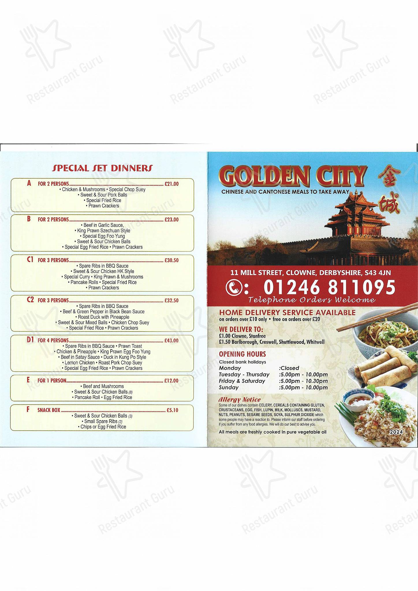 Menu at Golden City Clowne fast food, Clowne, 11 Mill St