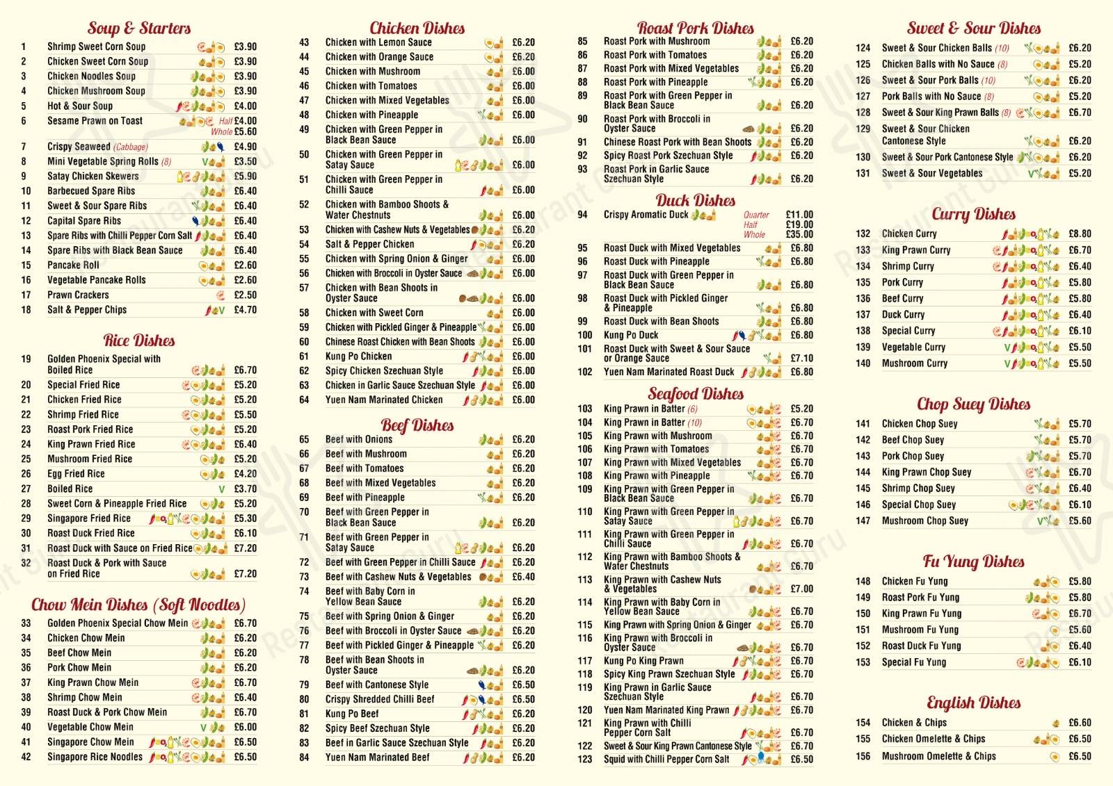 Menu at Golden Phoenix fast food, Horley