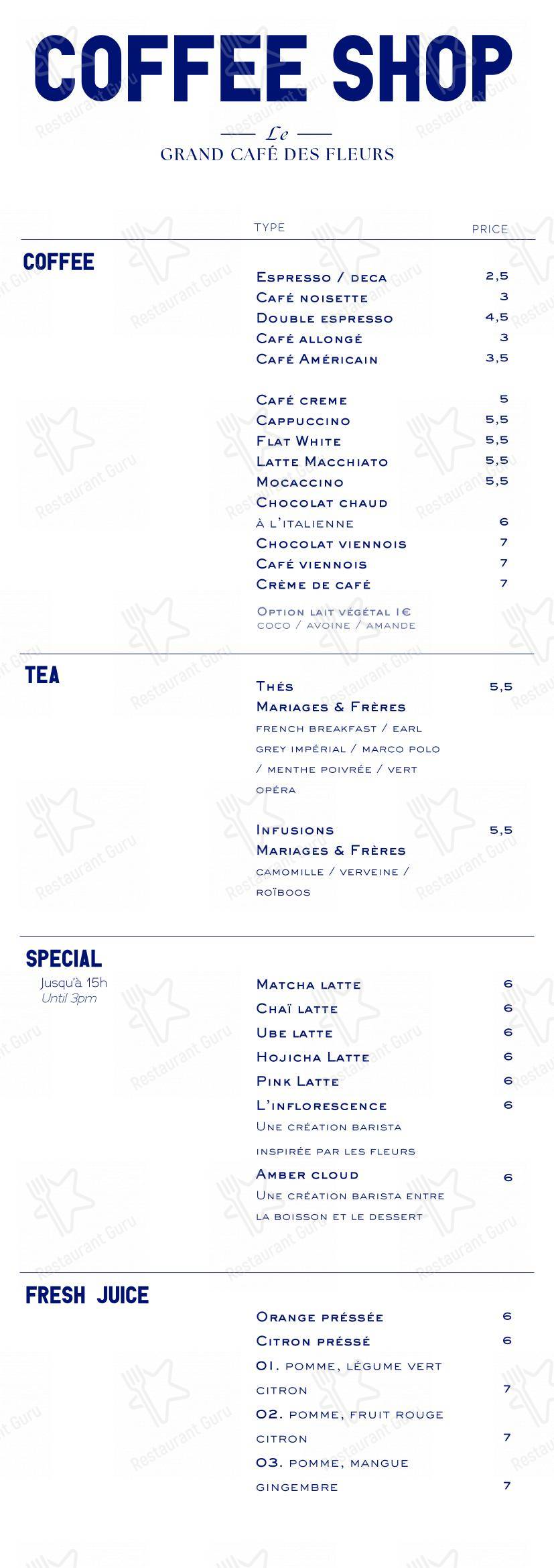 Menu pour Grand Café des Fleurs restaurant