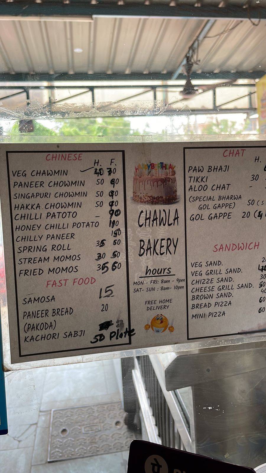 Chawla Bakers menu