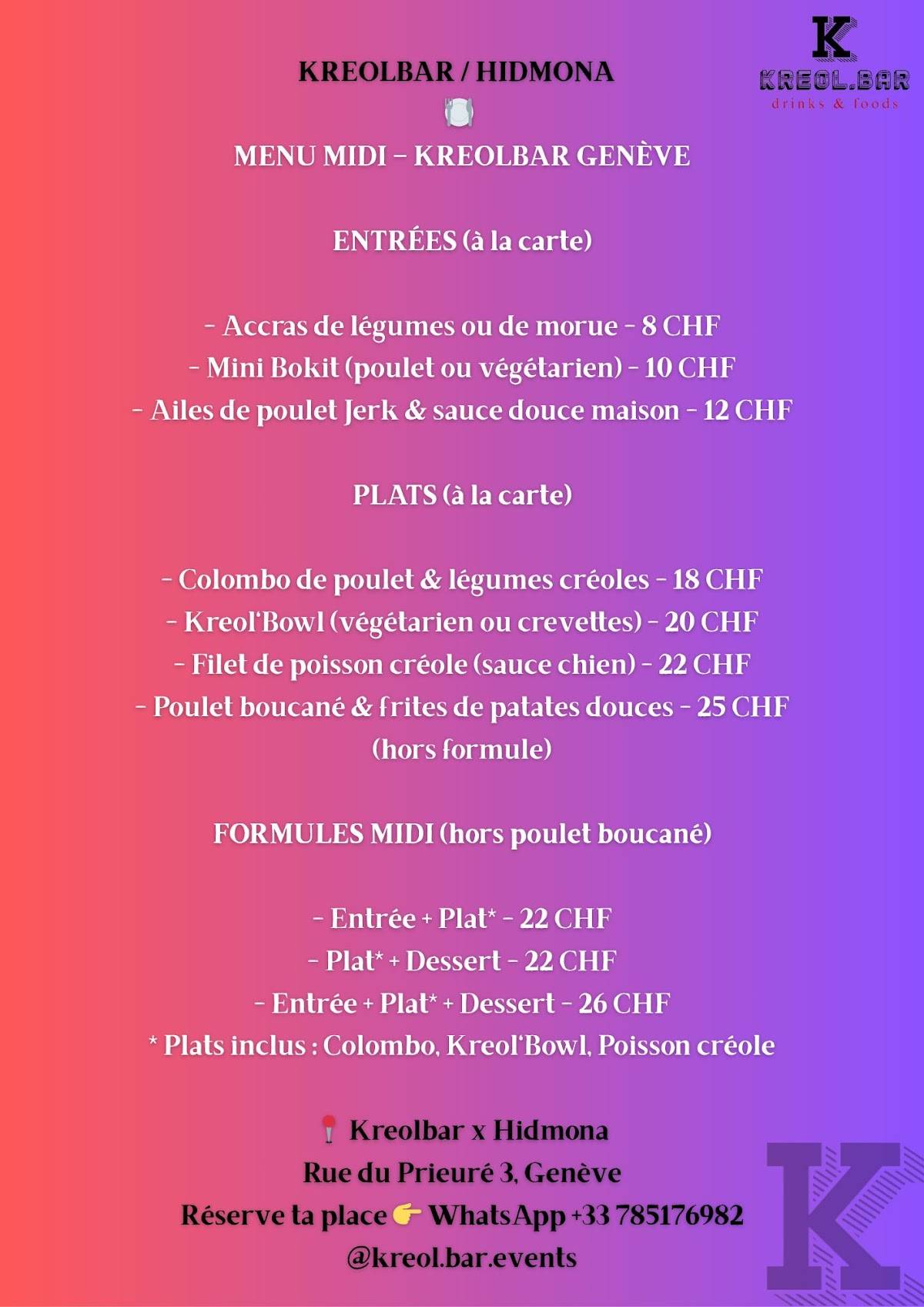 Menu di Authentic Eritrean by Hidmona (cuisine érythréenne authentique à Genève) 
