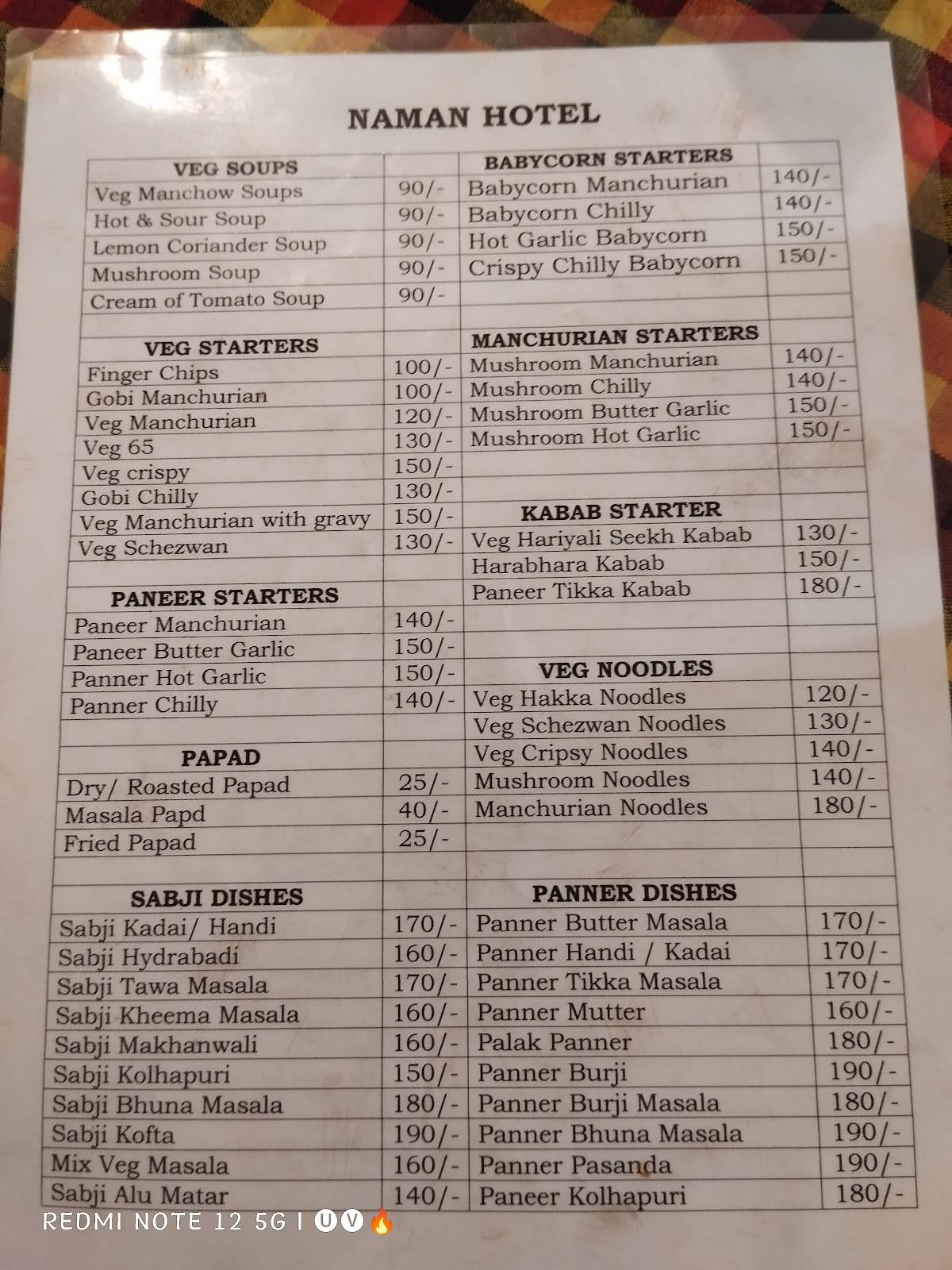 HOTEL NAMAN pure veg Family Restaurant menu
