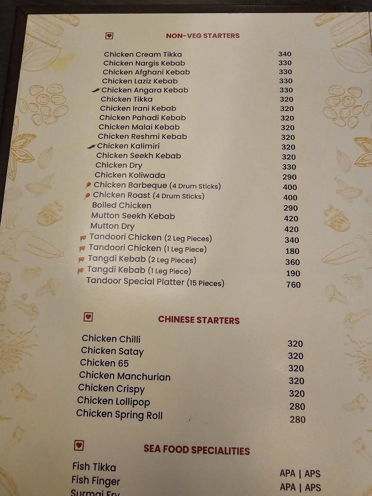 HOTEL TANDOOR menu