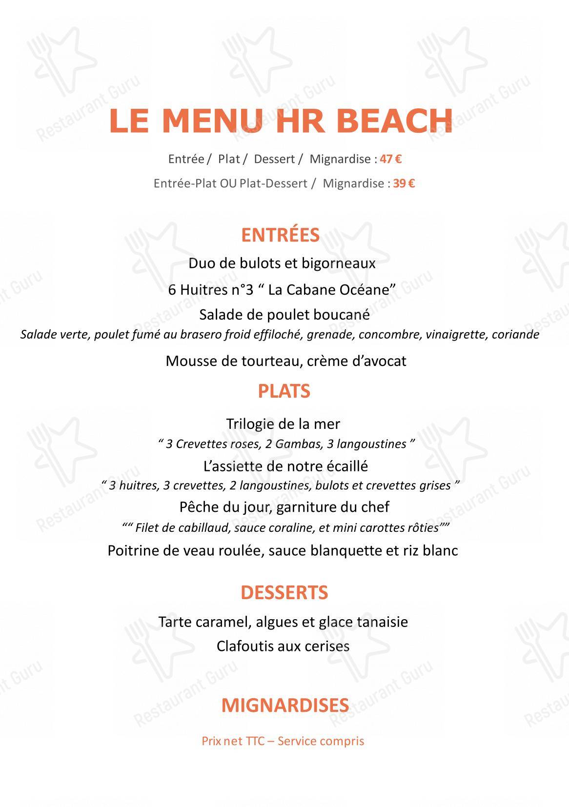 Menu pour HR Hôtel & Spa Marin pub et bar