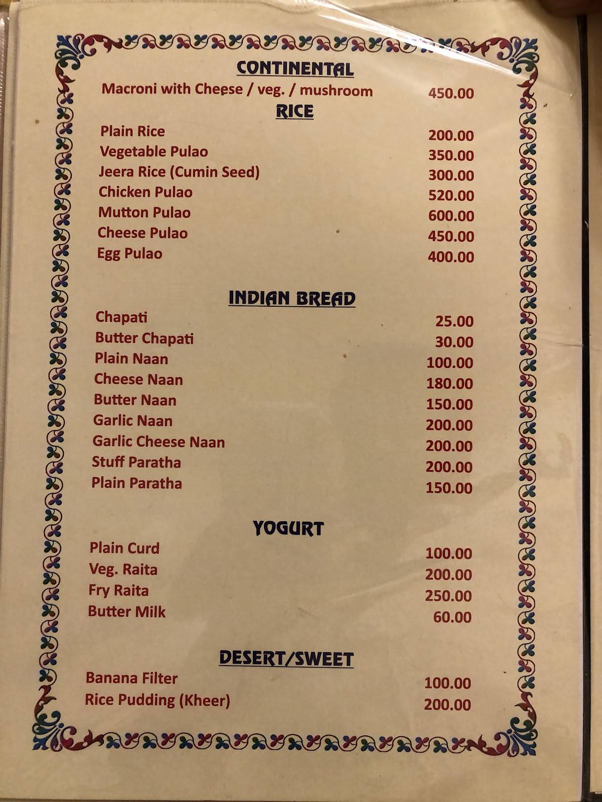 Heritage House Rooftop Restaurant menu