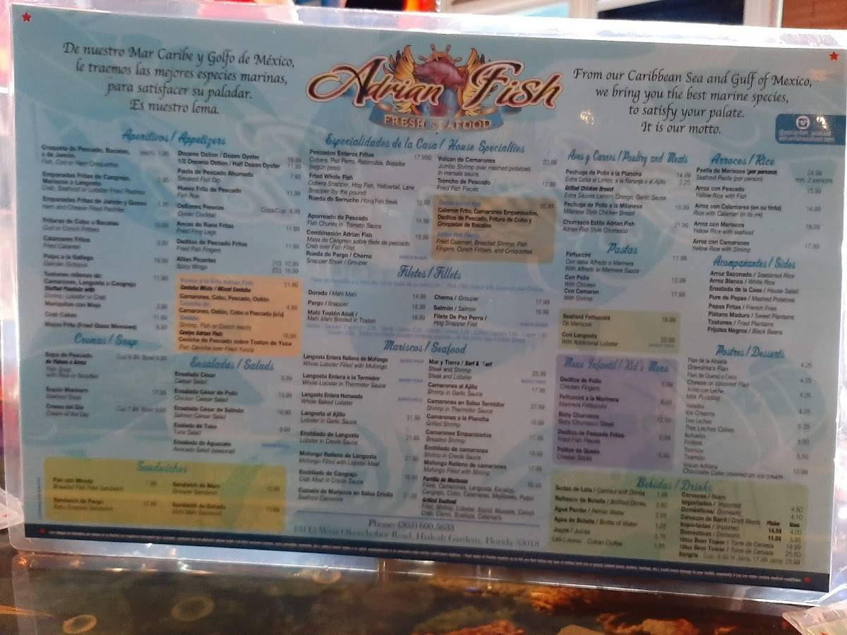 Menu at Adrian Fish Market & Restaurant, Hialeah Gardens