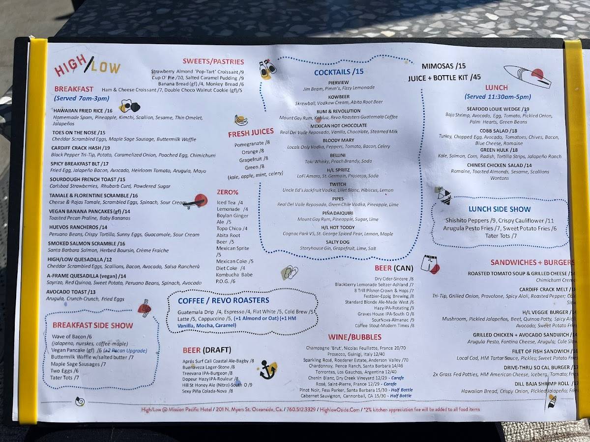 Menu at High/Low restaurant, Oceanside